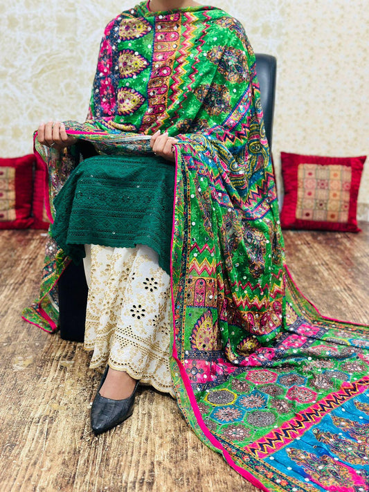 Green Pakistani Fusion Chikankari Suit with Embroidered Dupatta - Inayakhan Shop 