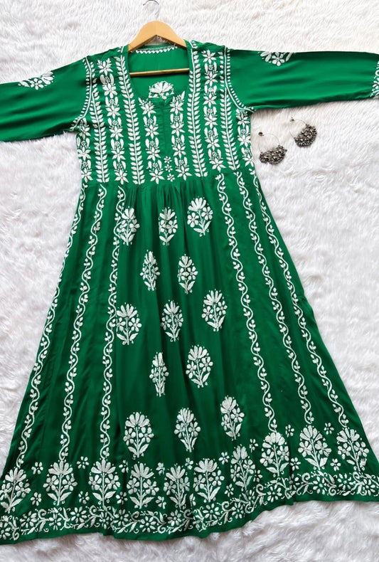 Green Party Wear Long Modal Heavy Chikankari Handwork A-Line Gown - Inayakhan Shop 