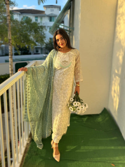 Green Pearl-Embroidered Georgette Ensemble (Premium Quality) + Sizes Upto 50 - Inayakhan Shop 