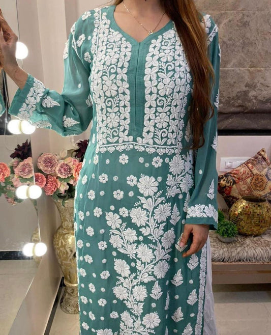 Green Premium 3D Jasmine Maslin Kurti with White Pallazo (Limited Stock) - Inayakhan Shop 