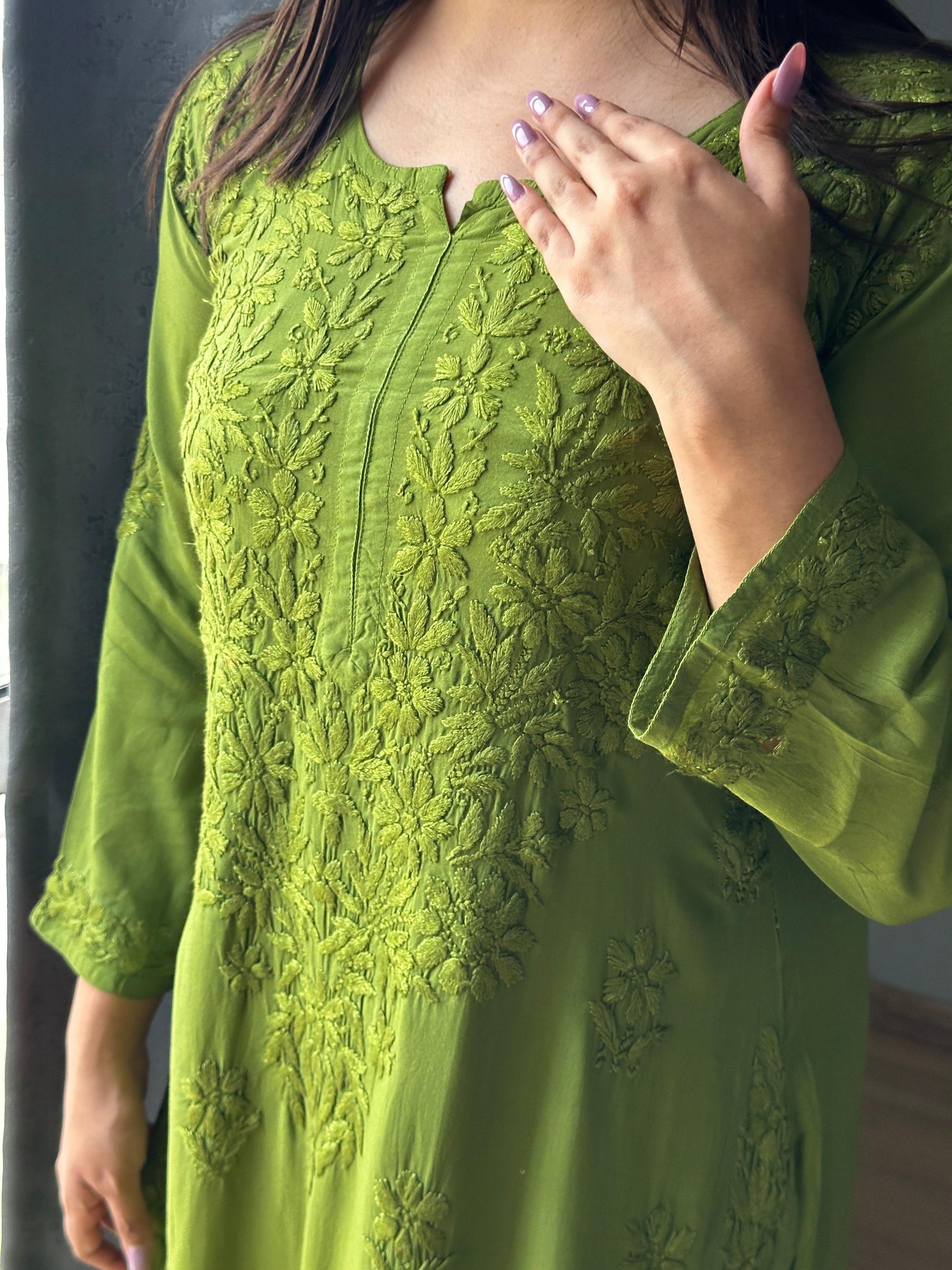 Inayakhan - Green Premium Lucknow Chikankari handwork Modal Palazzo Set XXL- 44 / Green / Modal Inayakhan - Green Premium Lucknow Chikankari handwork Modal Palazzo Set XXL- 44 / Green / Modal