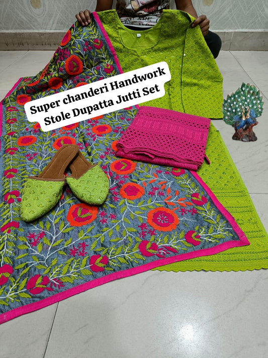 Green Pure Cambric Cotton Kurti with Beautiful Handwork Stole Dupatta Jutti Set - Inayakhan Shop 