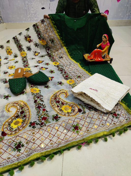 Green Pure Cotton Phulkari Suit with Beautiful Handmade Mirror Work Shopping Online - Inayakhan Shop 