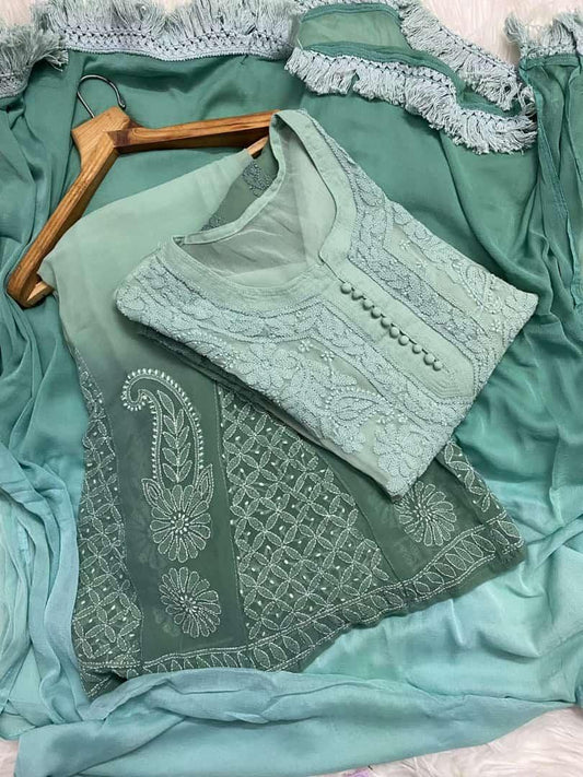 Green Radiant Reflections Ombré Booti Jaal Chikankari Set (INNER INCLUDED) - Inayakhan Shop 
