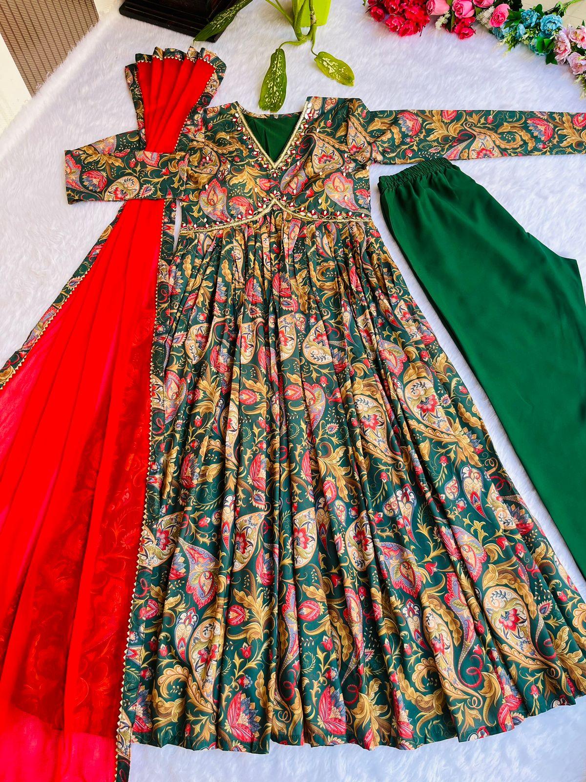 Green Red Boho Floral Special Aliya Cut Dresses with Dupatta and Pant