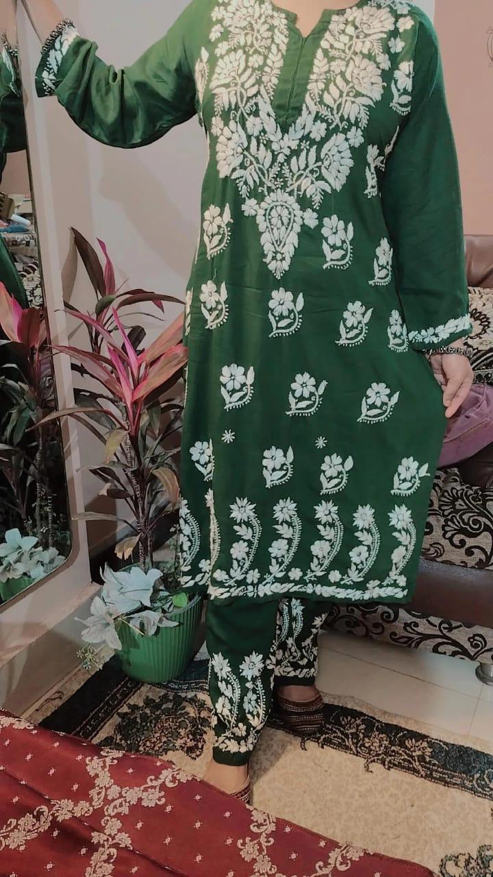 Green Regal Reverie Rayon Chikankari Ensemble with Lucknowi Ghaas Patti Handwork - Inayakhan Shop 