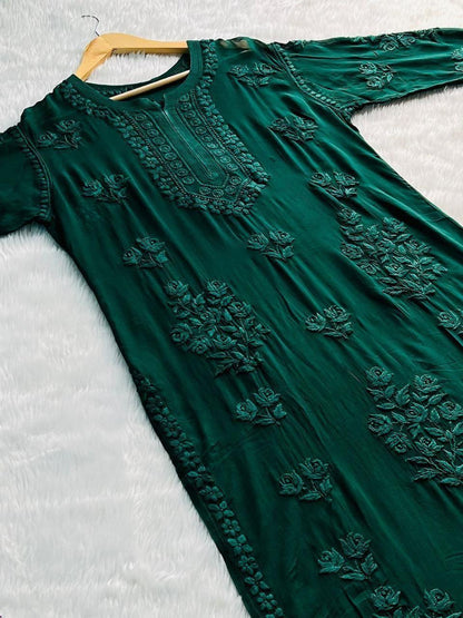 Green Royal Elegance 3D Viscose Premium Quality Chikankari Kurti - Inayakhan Shop 