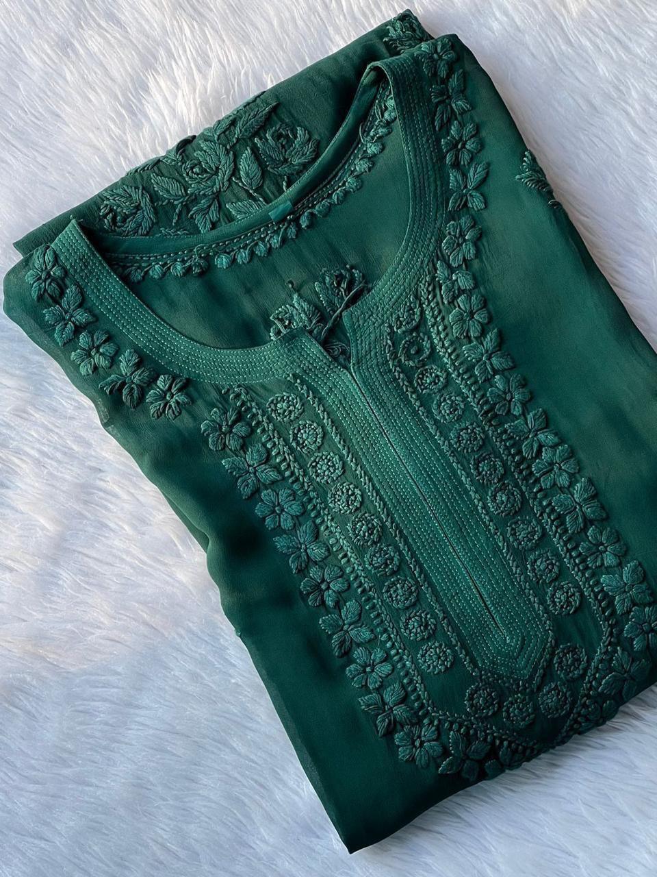 Green Royal Elegance 3D Viscose Premium Quality Chikankari Kurti - Inayakhan Shop 