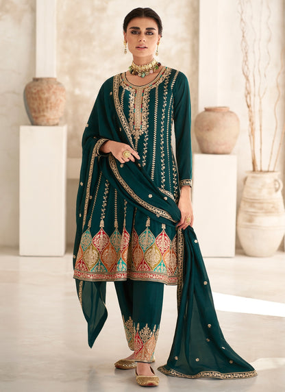 Green Silk Afghani Pant Salwar Kameez with Dupatta