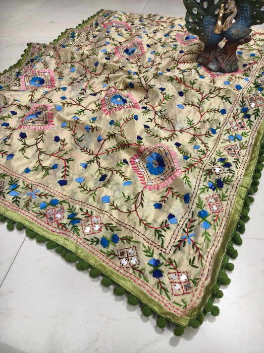 Green Silk Pom Pom Phulkari Dupatta with Exquisite Handwork Embroidery - Inayakhan Shop 