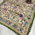 Green Silk Pom Pom Phulkari Dupatta with Exquisite Handwork Embroidery