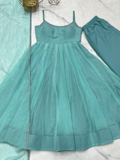 Green Sparkling Crystal Work Crunchy Silk Anarkali Suit Set