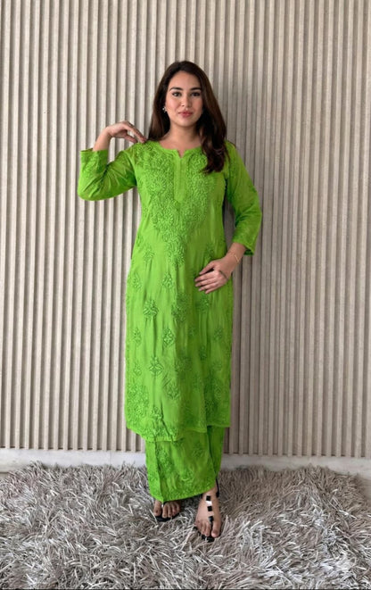 Green Lucknowi Chikankari Anchor Thread 3D Work Muslin Kurta & Palazzo Set
