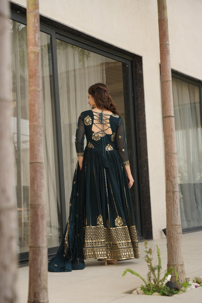 Dark Sea Green Zari & Sequin Embroidered Anarkali Party Wear Gown with Dupatta