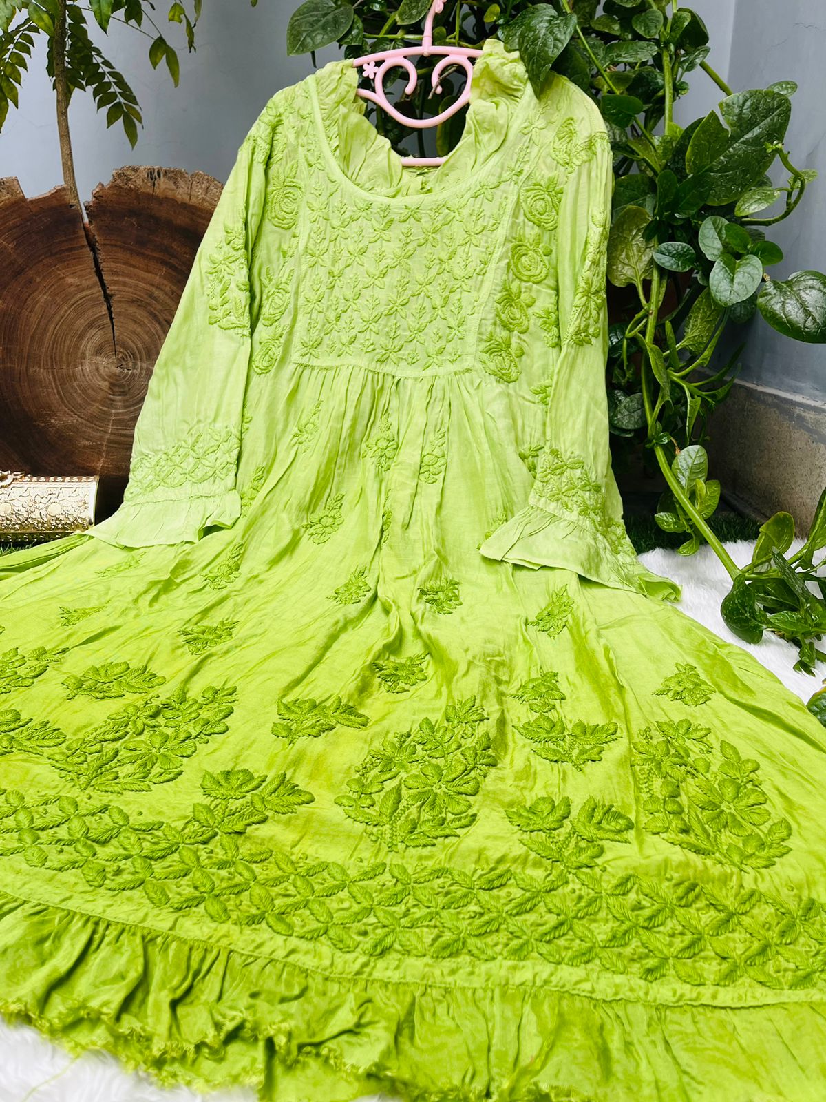 Green Super Soft Pure Muslin Lucknow Chikankari Gown with Lycra Pants