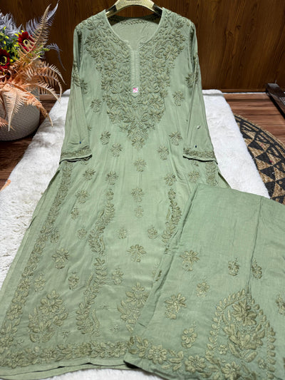 Green Plus Size Lucknow Chikankari Modal Kurti with Palazzo Set