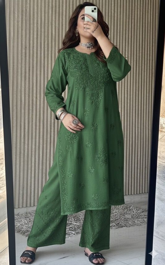 Green Lucknow Chikankari Rayon Kurta Palazzo Co-ord Set with Tone-to-Tone Hand Embroidery Plus Size