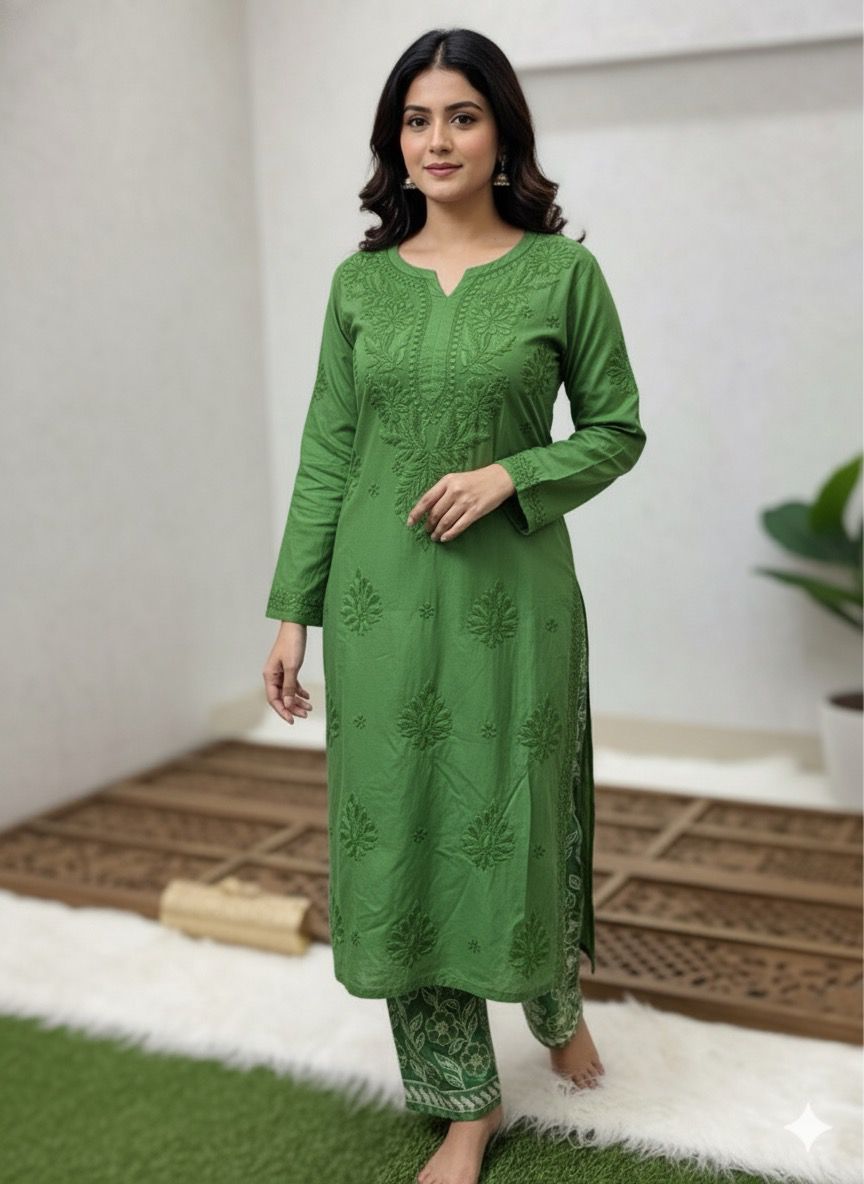 Green Lucknow Chikankari Handcrafted Muslin Kurti with Cutwork Embroidery Pant Set