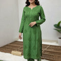 Green Lucknow Chikankari Handcrafted Muslin Kurti with Cutwork Embroidery Pant Set