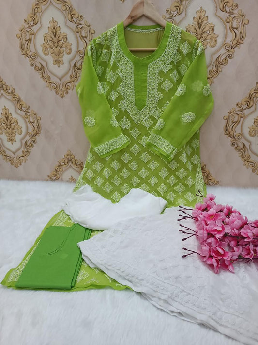 Green Lucknawi Chikankari Georgette Full Jaal Sharara 4 Pc Set