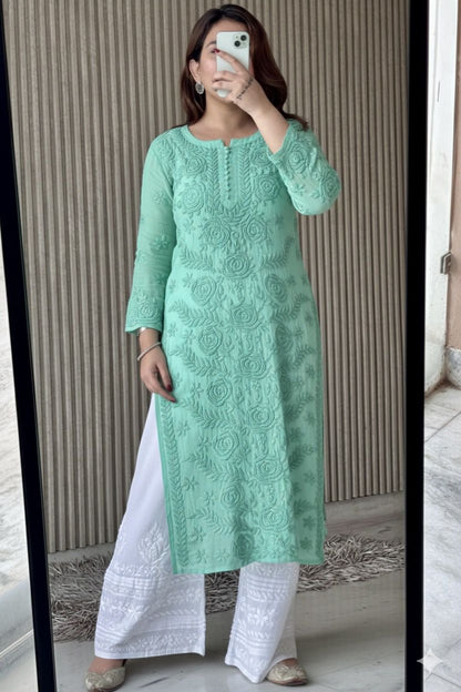 Light Green Lucknowi Chikankari Rose Viscose Georgette Kurta Set