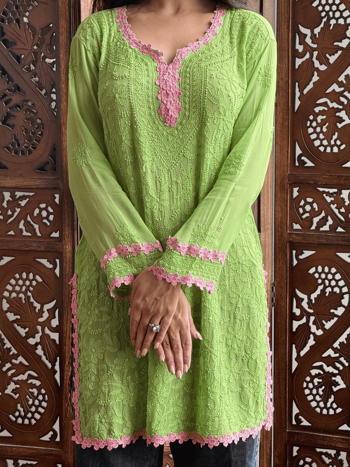 Verdant Green Premium Resham Viscose Jall Short Kurti