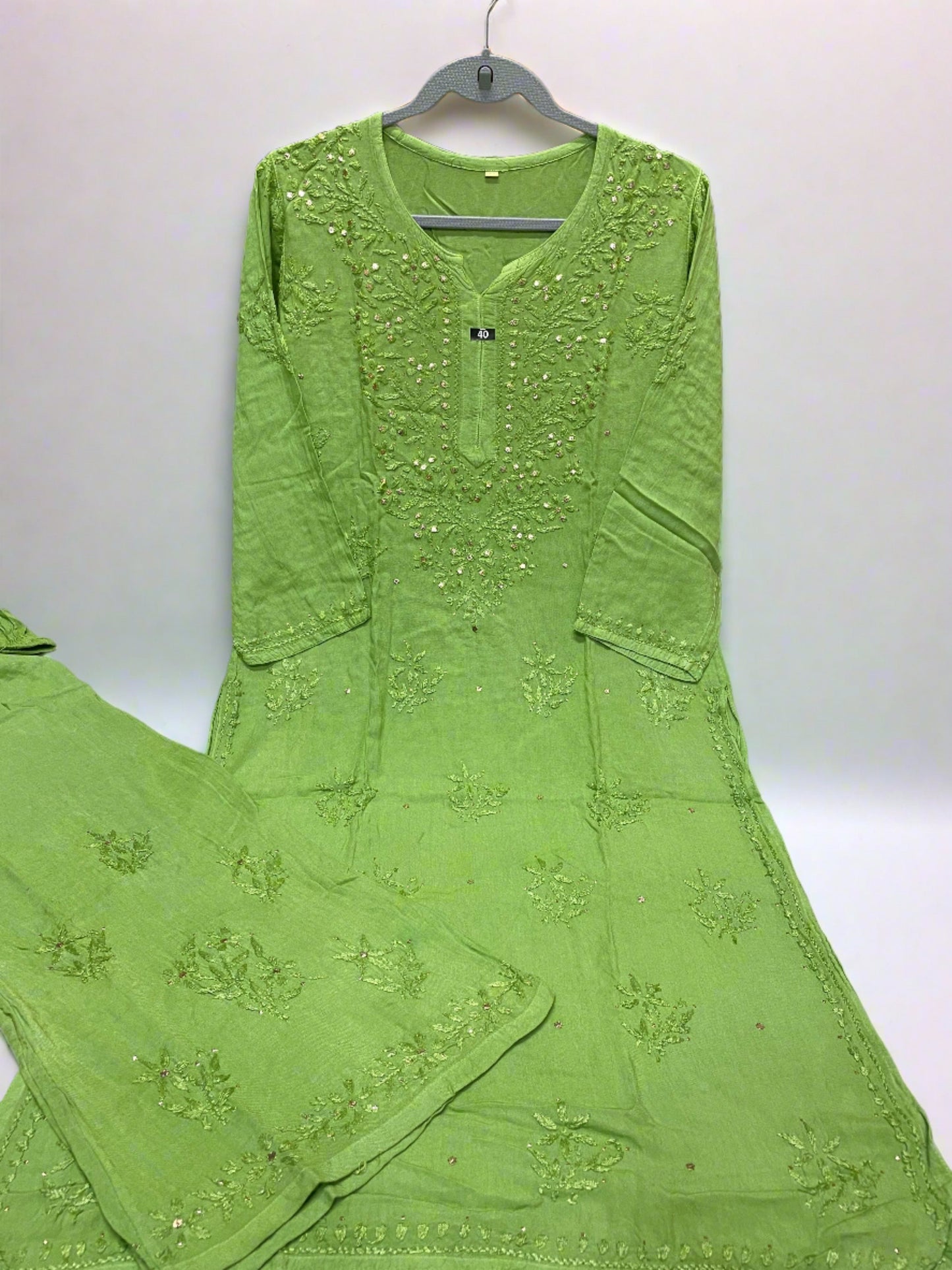 Green Premium Rayon Lucknow Chikankari Kurti Palazzo Dyed Set with Mukesh Work