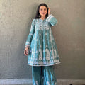 Teal Green Premium Lucknowi Chikankari Lace Printed Mal Mal Bell Sleeves Co-Ord Gharara Set