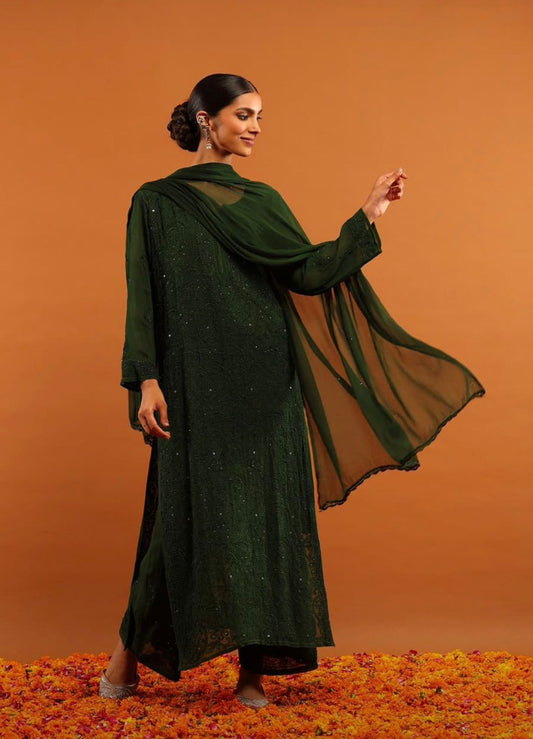 Green Lucknowi Chikankari Viscose Mukesh Jaal Work 3 PC Kurti Set