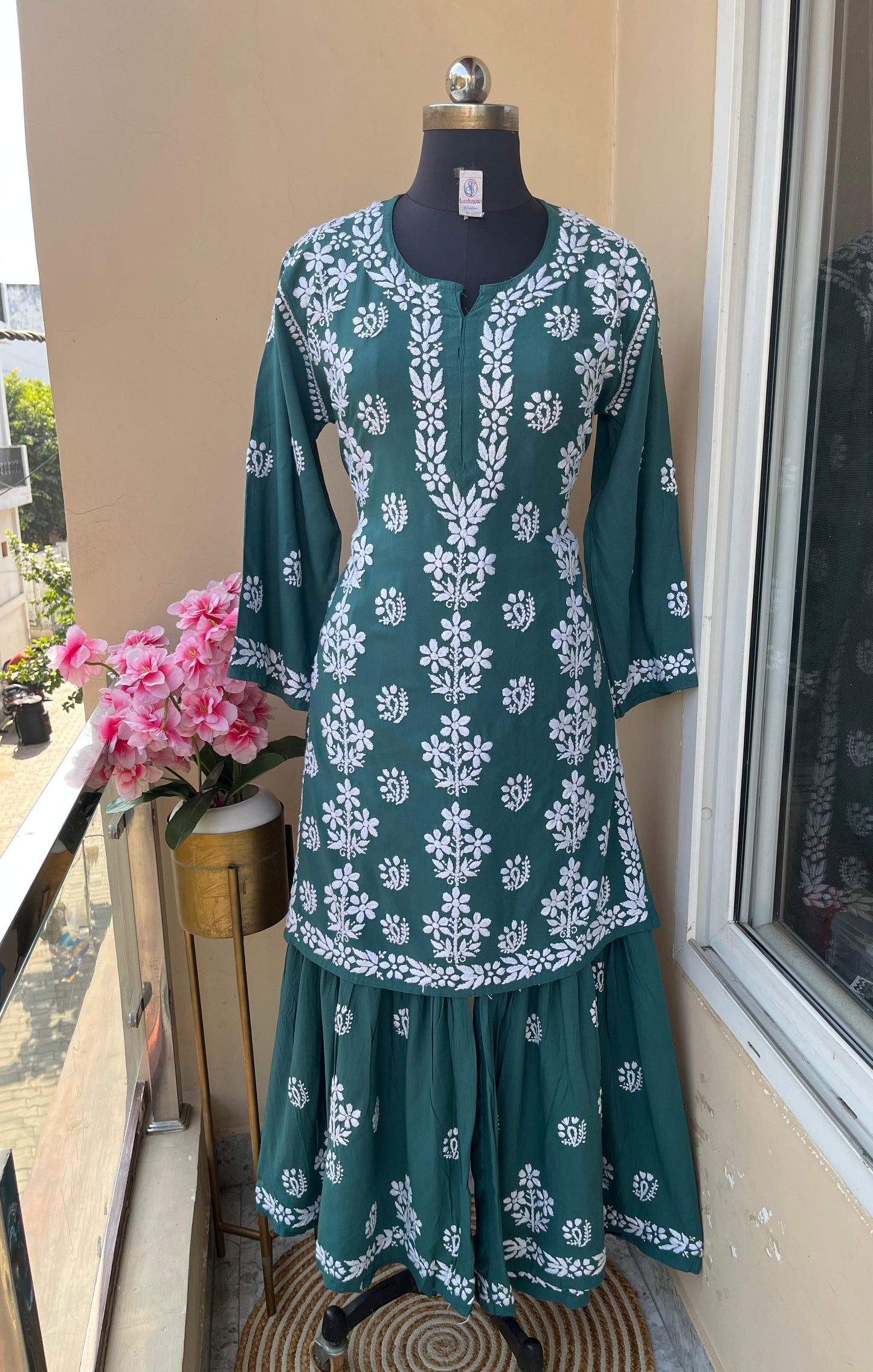 Teal Green Premium Kurti & Gharara Co-ord Set – Lucknow Chikankari Handwork