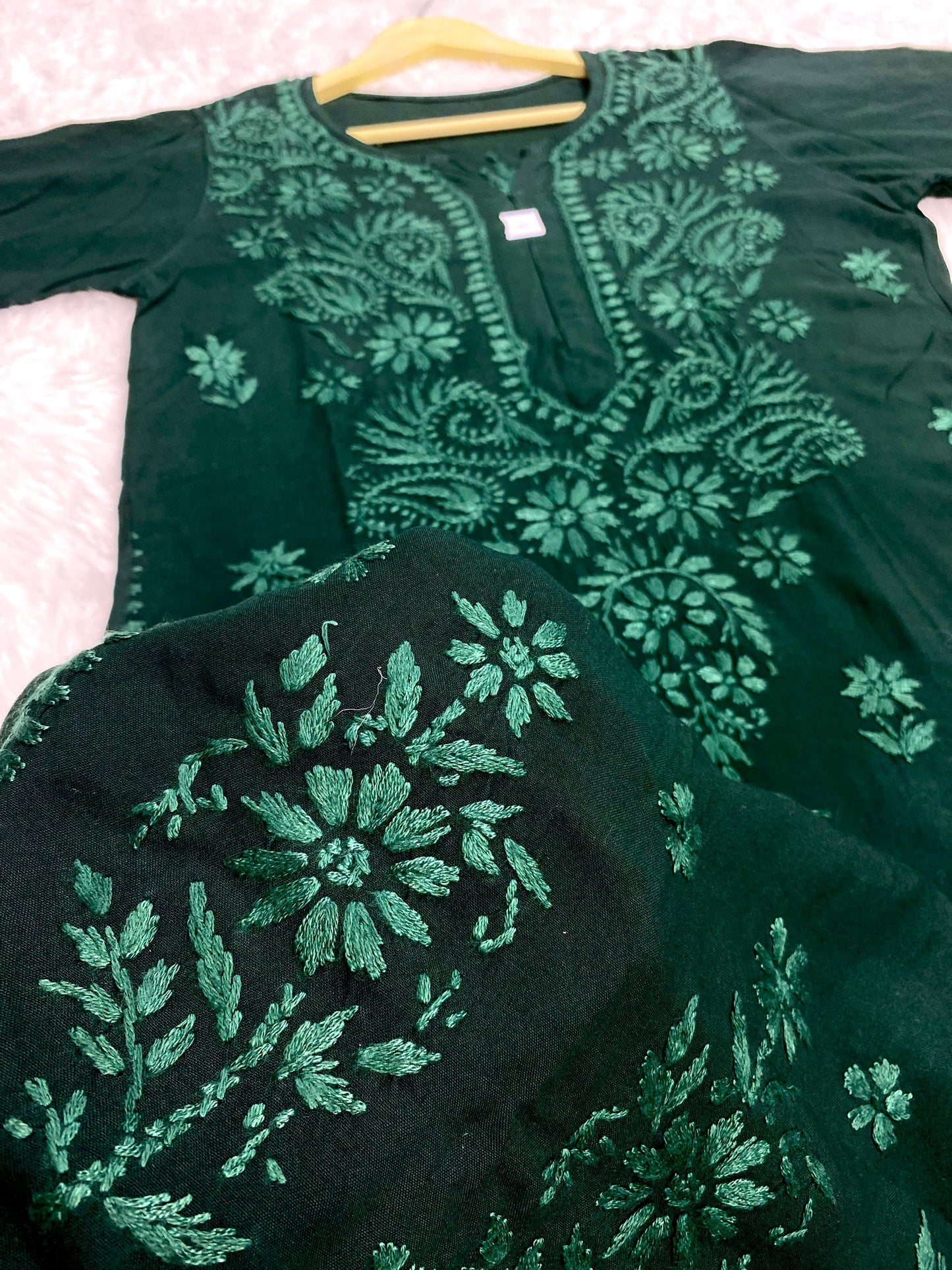 Dark Green Premium Lucknow Chikankari Cotton Kurti & Palazzo Set