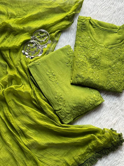 Green Premium Rayon Chikankari Kurta Palazzo Dupatta Set | Hand Embroidered with Mukesh Work