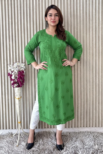Green Exquisite Lucknow Chikankari Mukesh Work Kurti Set