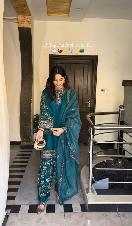 Teal Green Designer Georgette Top-Dhoti and Dupatta Set