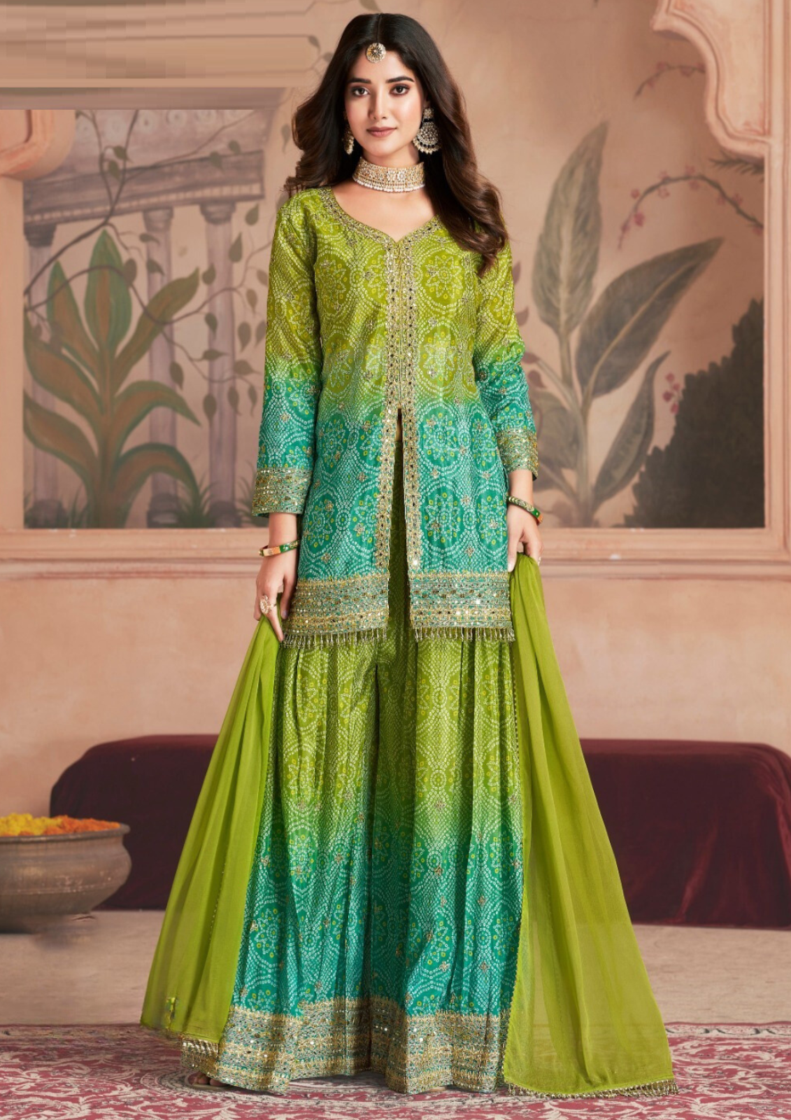 Green Plus Size Premium Bandhani Print Silk Gharara Suit with Dupatta