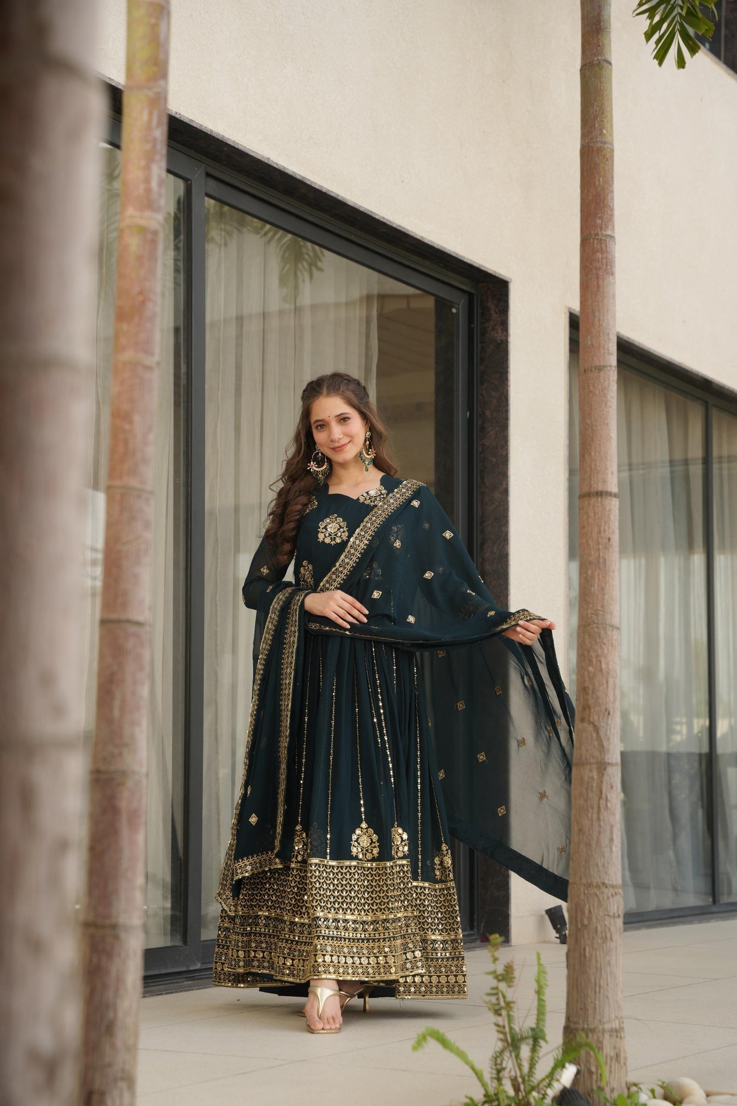 Dark Sea Green Zari & Sequin Embroidered Anarkali Party Wear Gown with Dupatta