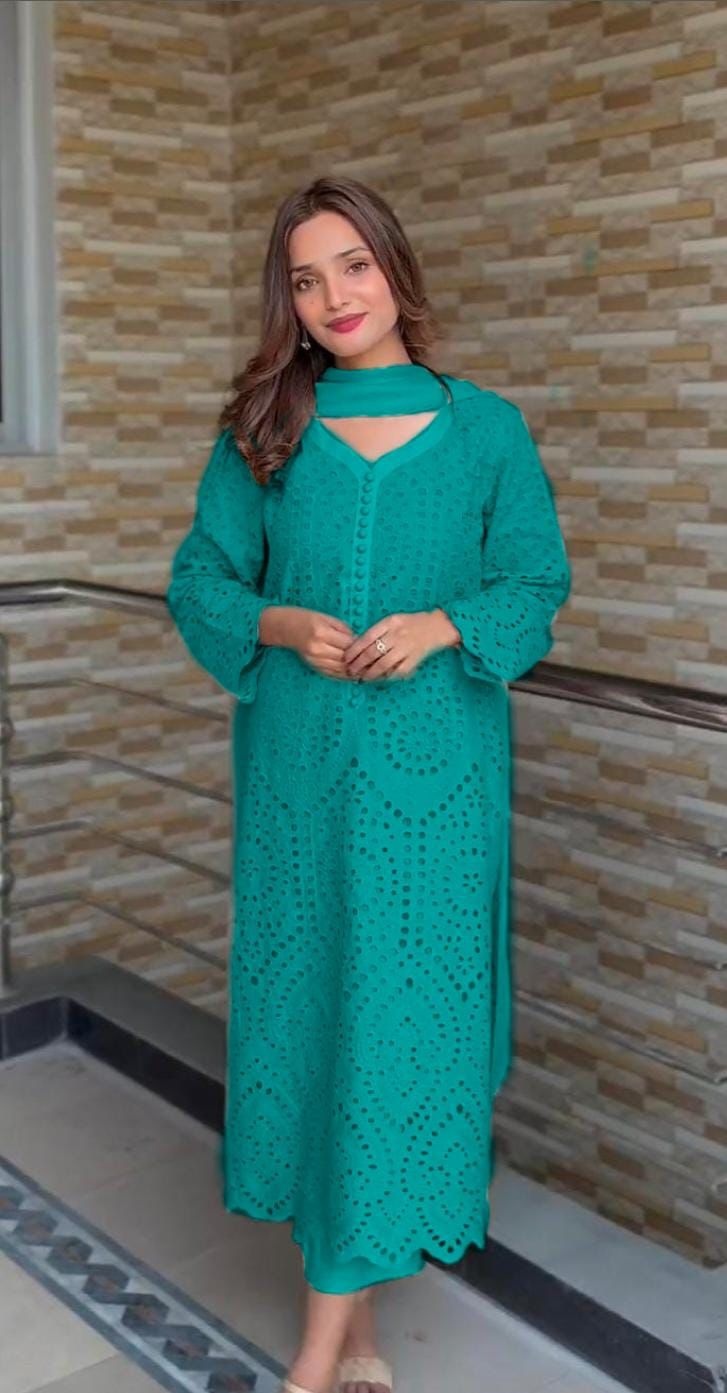 Teal Green Chikan Hakoba Designer Ready-to-Wear Suits Plus Sizes available