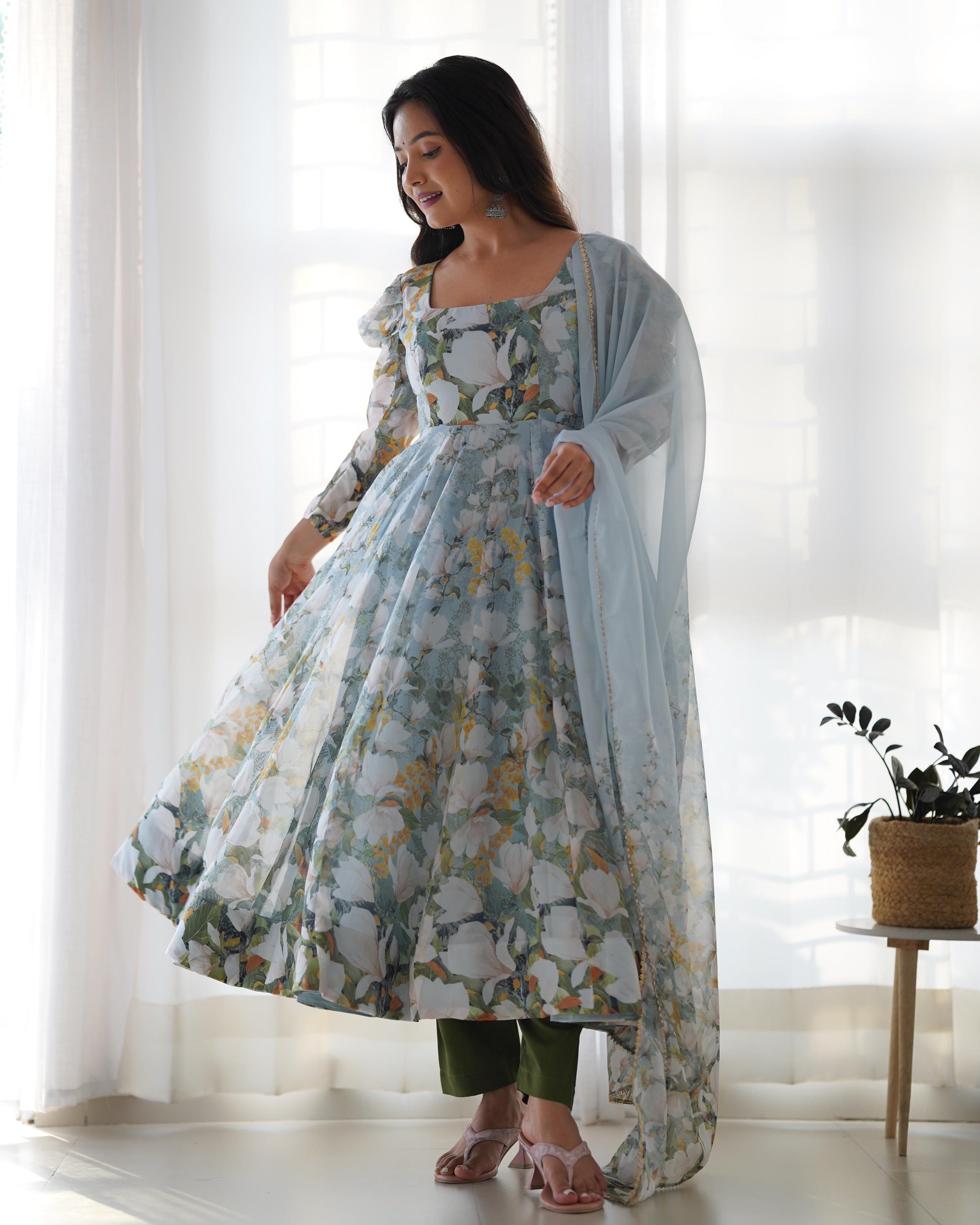 organza indian dress Patola Printed Organza Gown with Dupatta Indian Festive Dress Ethnic Designer Anarkali Party Wear Outfit for Women