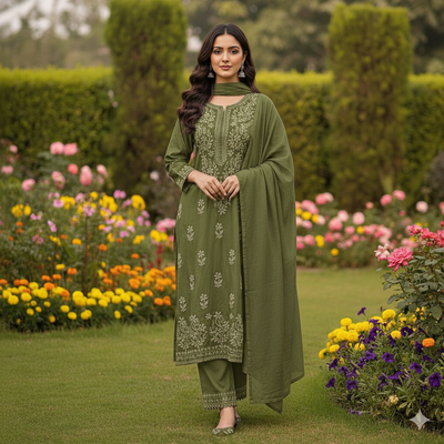 Mehendi Green Ethereal Dyeble Modal Chikankari Kurta Set Up to 50 size (New)