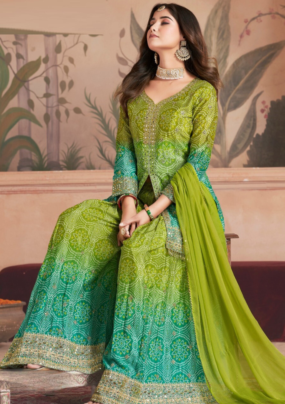 Green Plus Size Premium Bandhani Print Silk Gharara Suit with Dupatta