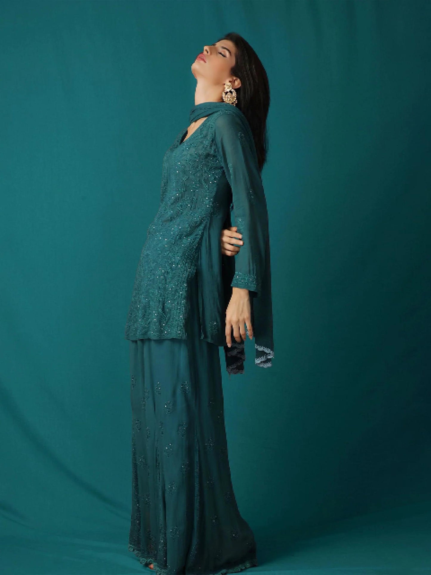 Teal Green Premium Resham Viscose Jall Short Kurti Set