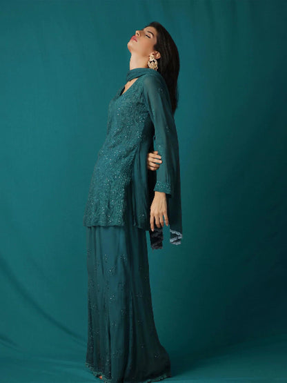 Teal Green Premium Resham Viscose Jall Short Kurti Set