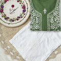 Green Handcrafted Lucknowi Chikankari Style Short Kurta & Palazzo Set