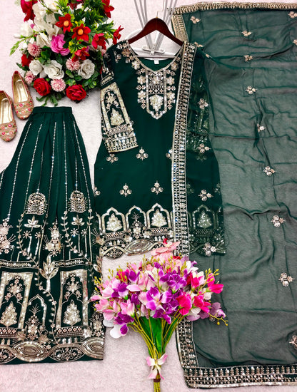Dark Green Embroidered Georgette Sharara Suit Set