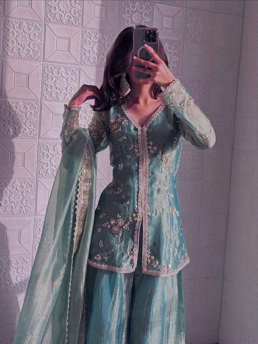 Green Glimmer & Grace: Embroidered Silk Sharara Suit Set