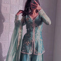 Green Glimmer & Grace: Embroidered Silk Sharara Suit Set