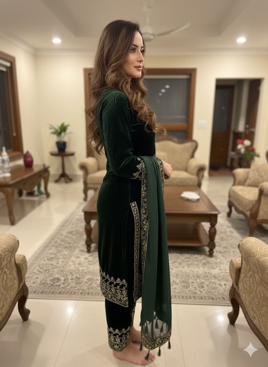 Emerald Luxe Velvet Shalwar Suit Set (Limited Stock)
