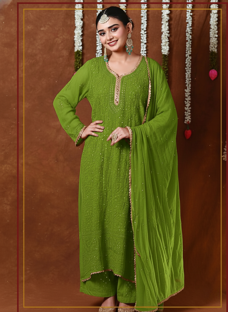 Green Premium Lucknow Chikankari Viscose Kurta, Palazzo & Dupatta Set with Mukaish and Lace Work