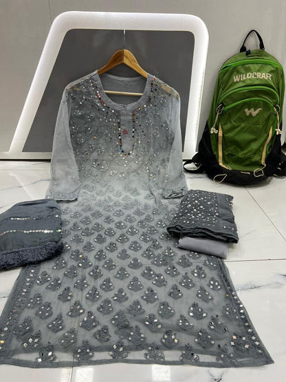 Grey Chikankari Elegance Ombré Mirror Booti Jaal Set - Kurti, Sharara & Dupatta -(Inner Included) - Inayakhan Shop 