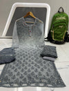 Grey Chikankari Elegance Ombré Mirror Booti Jaal Set - Kurti, Sharara & Dupatta -(Inner Included)